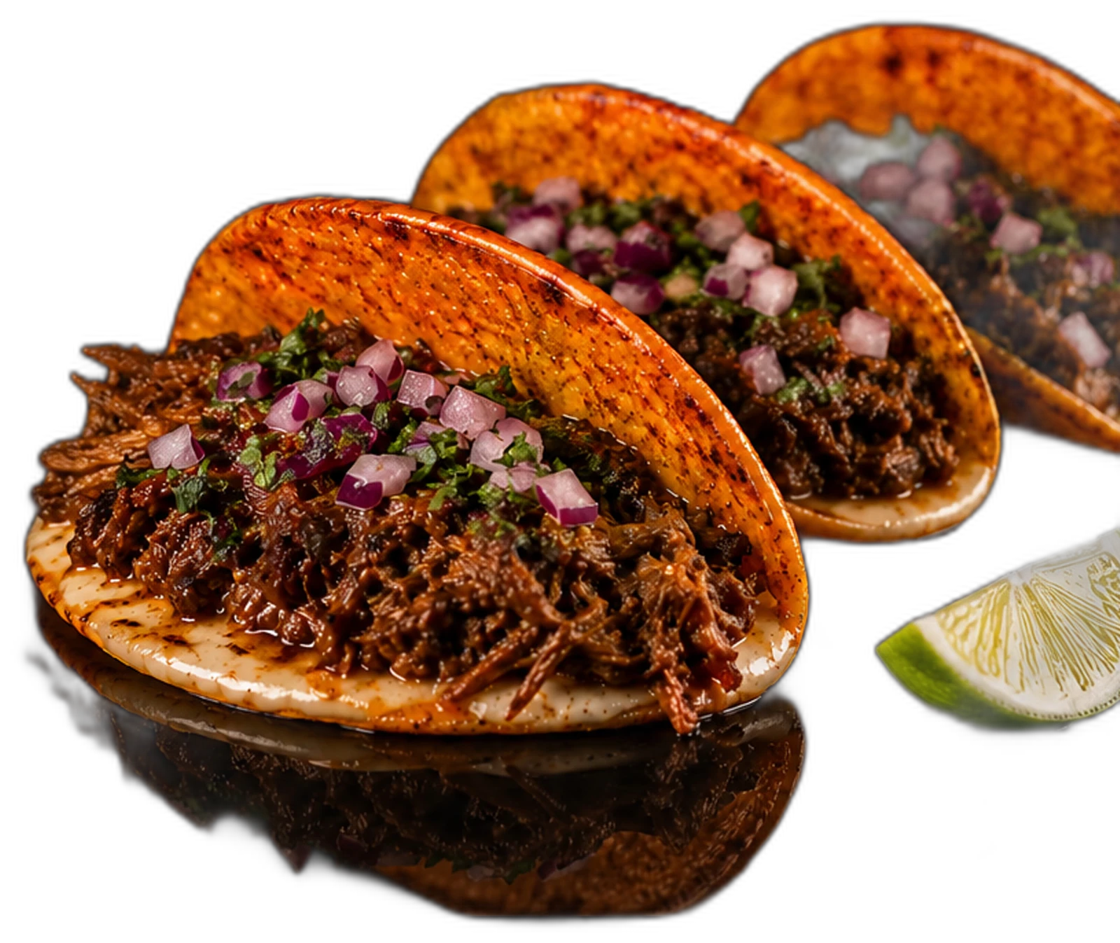Drei Birria Tacos mit geschmortem Halal-Beef, roten Zwiebeln und Koriander